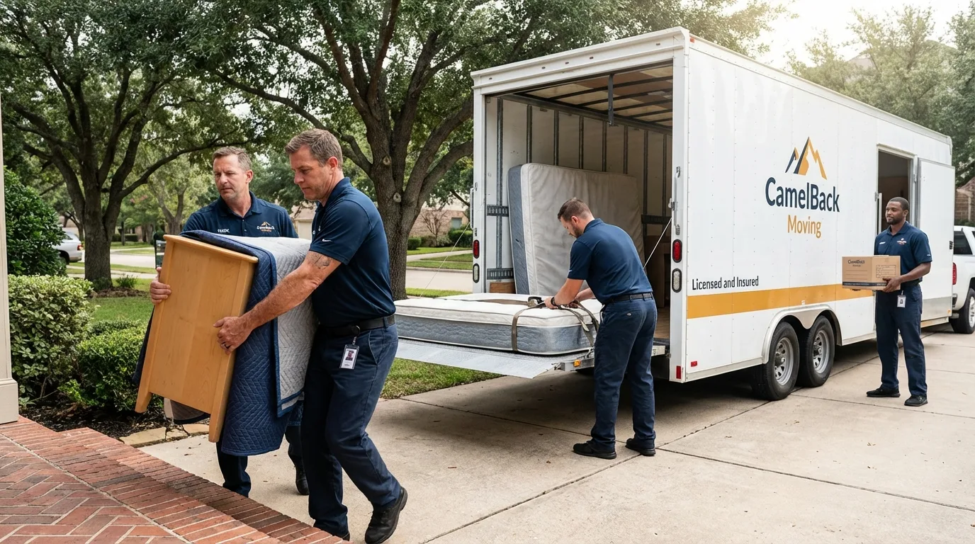 Crew loading residential truck for cross-state move from Van Buren, ME