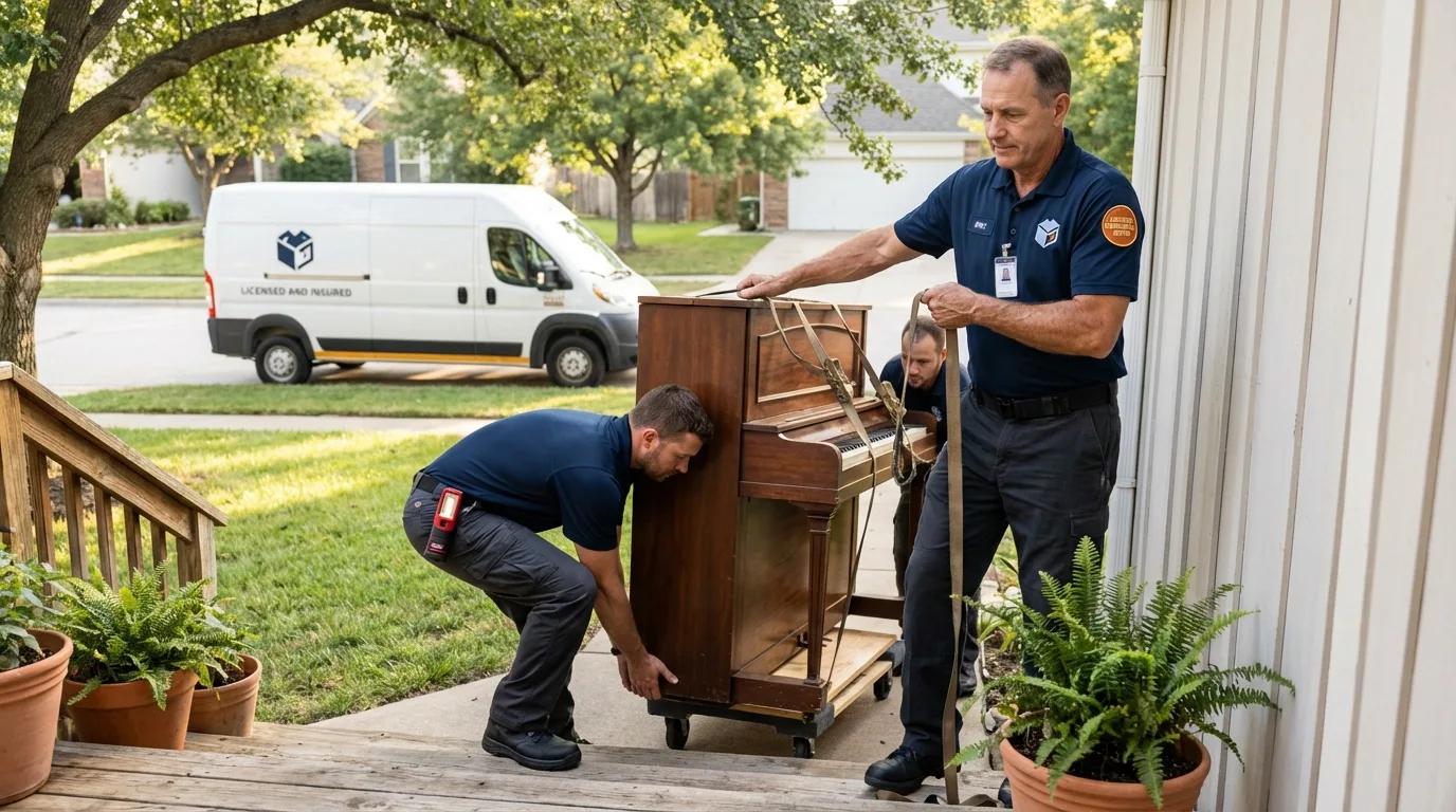 Licensed piano movers securing grand piano in Van Buren, ME