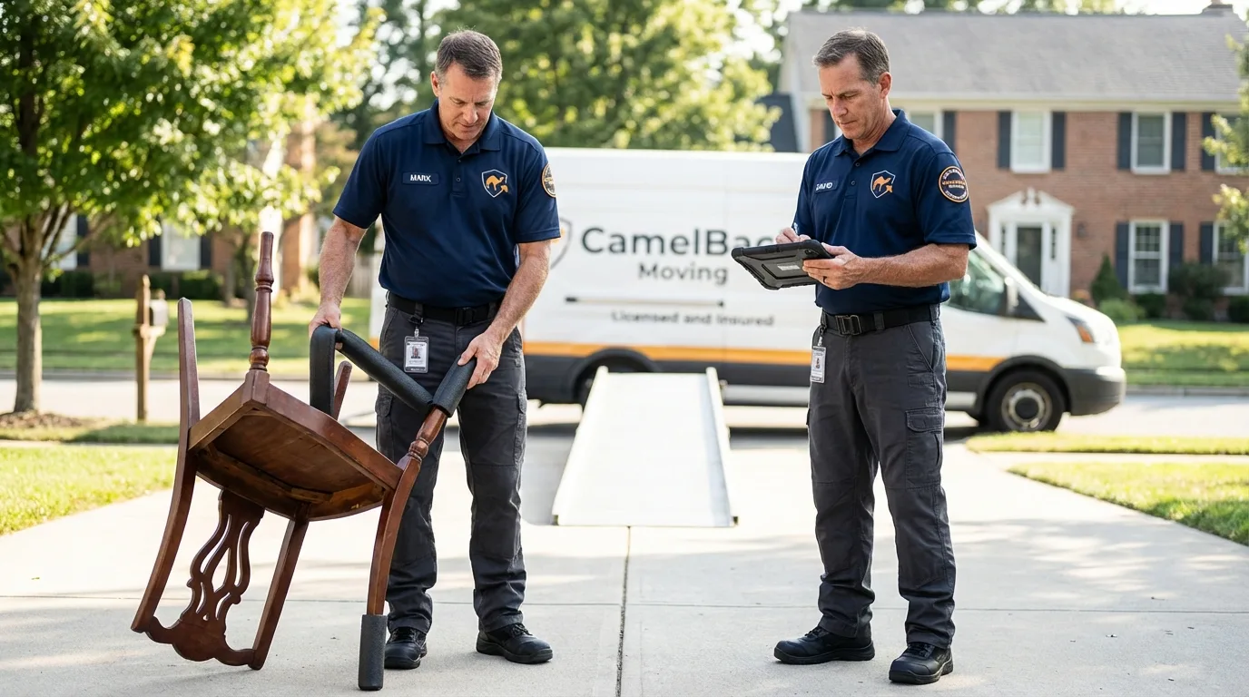 Movers inspecting furniture for damage prevention before loading in Van Buren, ME