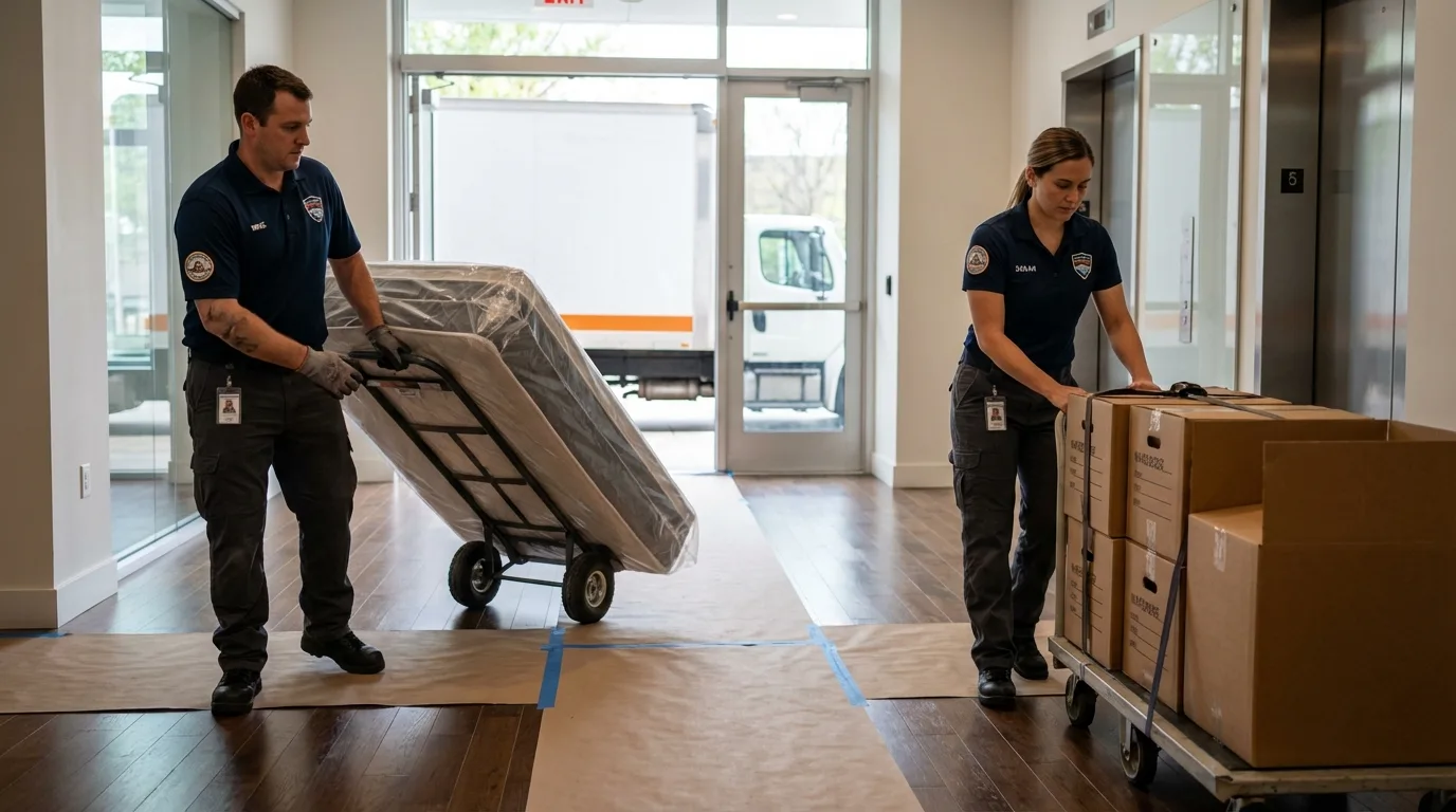 Professional apartment movers loading elevator in Van Buren, ME