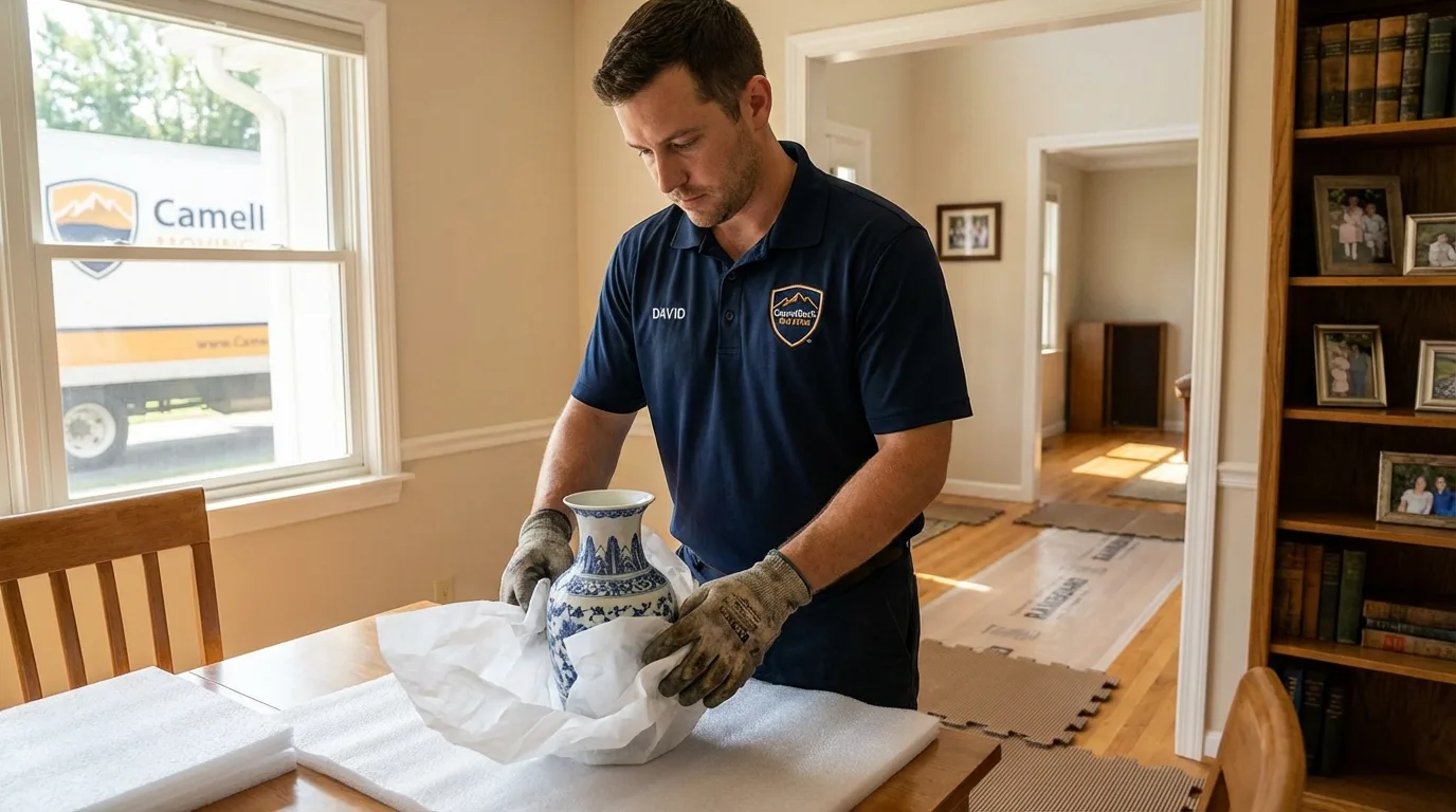 Professional crew carefully wrapping antique vase for senior downsizing move in Van Buren, ME