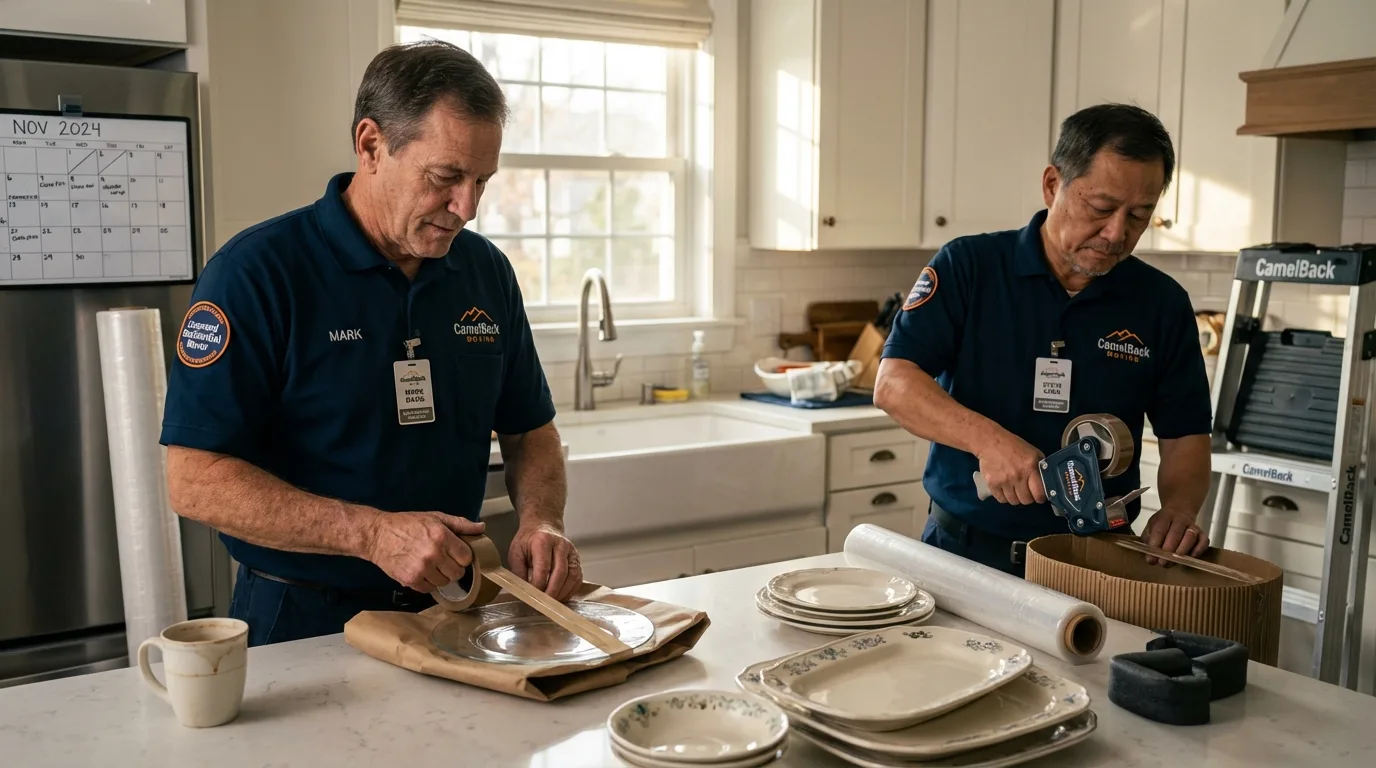 Professional crew packing kitchen dishware in Van Buren, ME